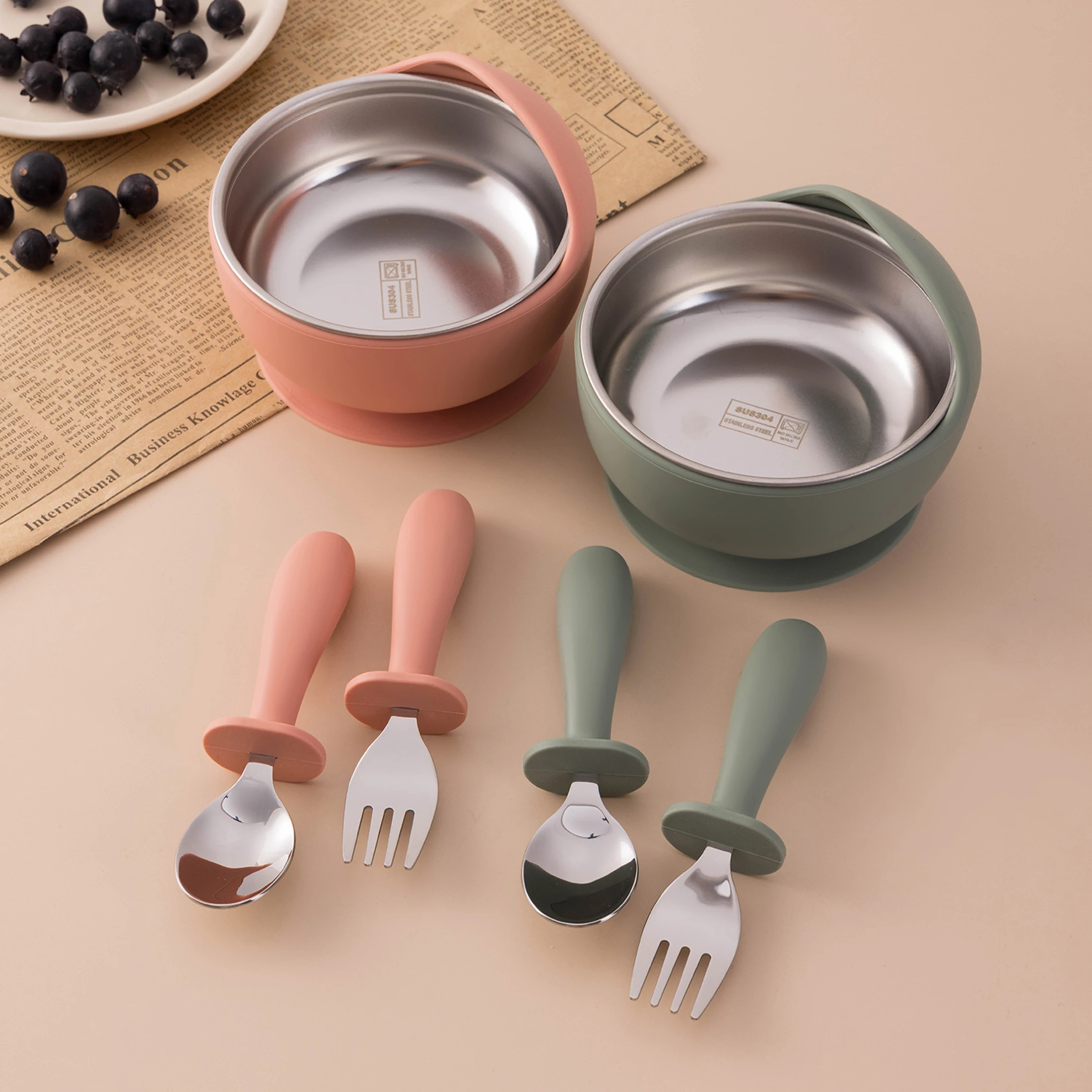 3PCS Stainless Steel Silicone Baby Feeding Set BPA Free Detachable Sucker Bowls With Fork Spoon Easy Clean Children Tableware