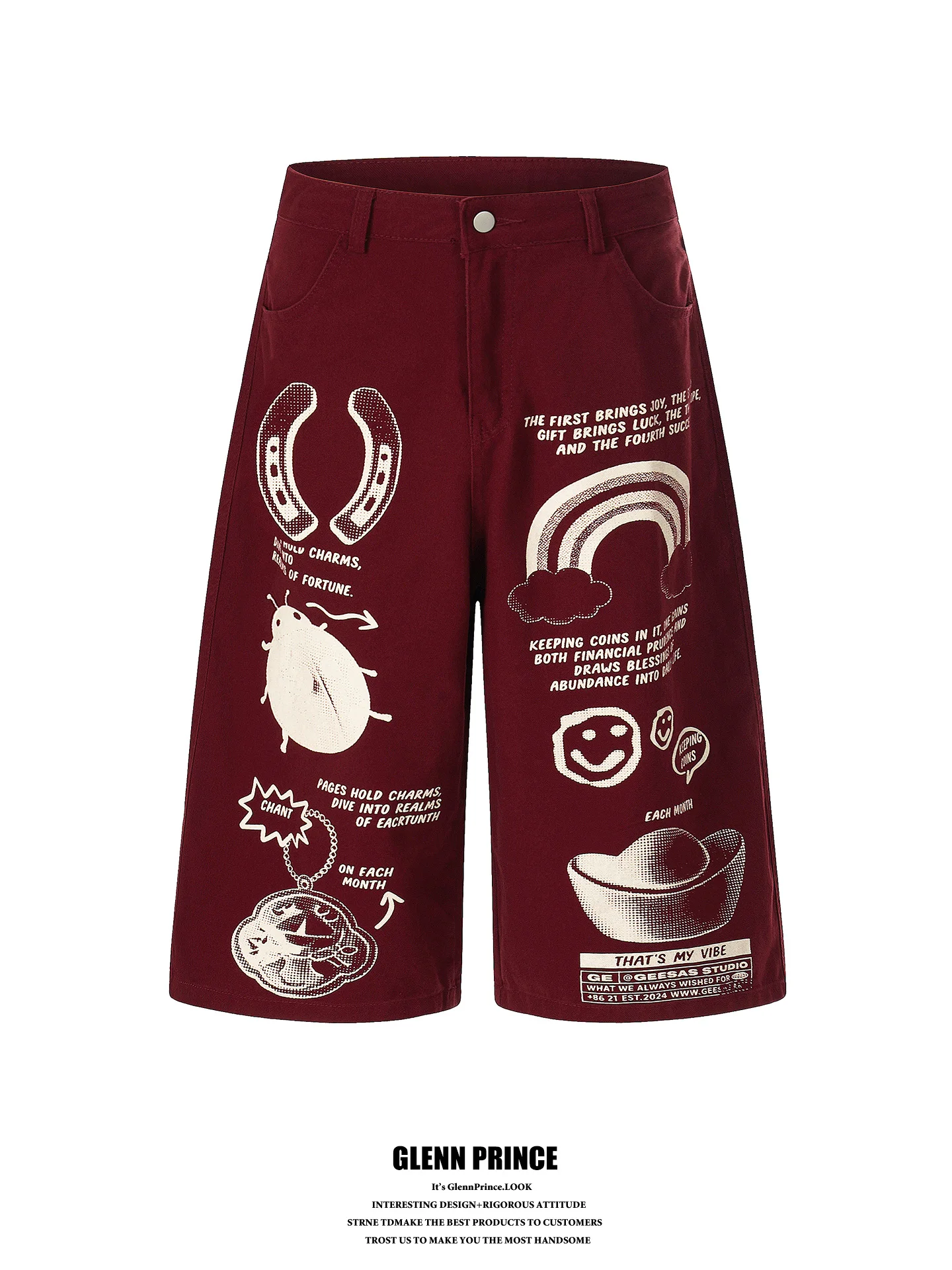 

GPstudio American Graffiti Printed Denim Shorts Men's Summer Loose Wide Leg Seven-Foot Pants Casual Cotton Jeans Shorts