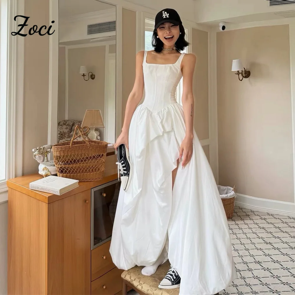 Zoci Square Collar Long A Line Korea Wedding Dresses Photos Shoot Bride Gown High Low Taffeta Bride Recepetion Dress Customized
