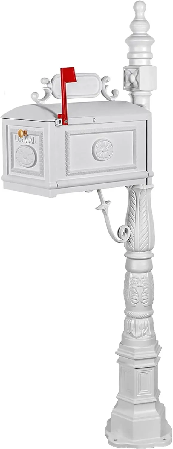 Polar Aurora Barcelona Decorative Post Mailbox Combination Stratford Heavy Duty Postal Mail Box Cast Aluminum (White)