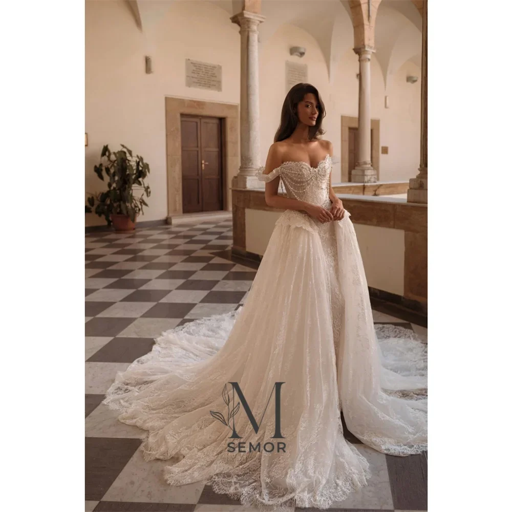 Semor Customized Elegant Pearls Off Shoulder Wedding Dresses Back Zip Mermaid Bridal Gown 2026 Detachable Train Vestidos De Nov