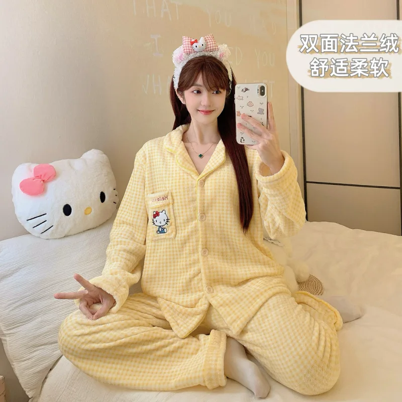 Зимний пижамный комплект с клетчатым принтом «Hello Kitty», новый пижамный костюм с героями мультфильмов, теплый корейский милый плюшевый домашний комплект Y2K, милая одежда для сна