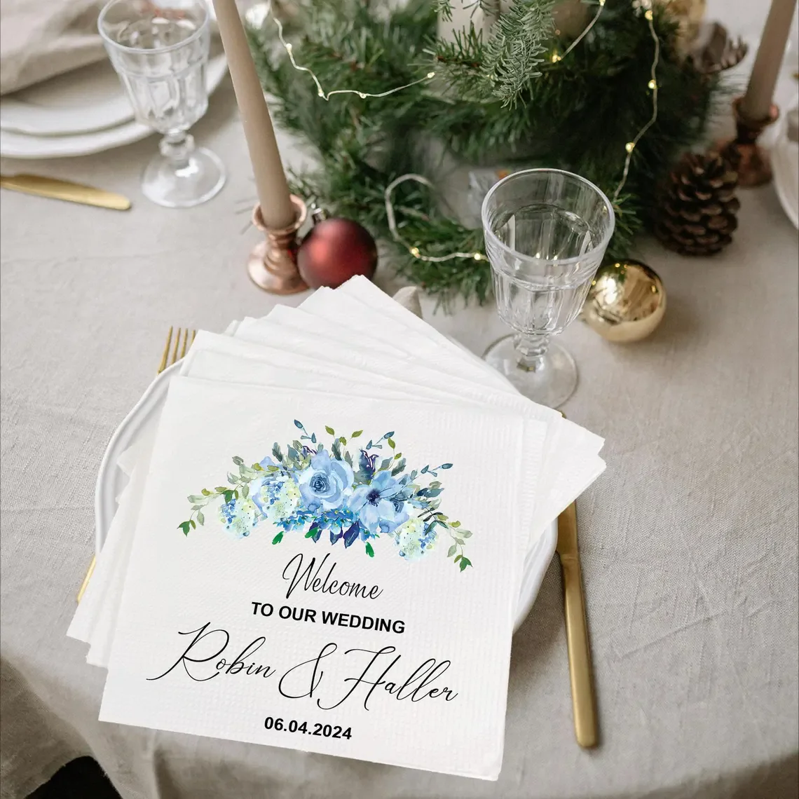 Servilletas de boda florales azules personalizadas, servilletas de boda personalizadas, servilletas de cóctel, ahorra la fecha, cena nupcial, ducha Enga