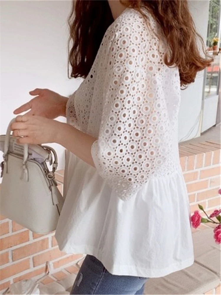 Colorfaith BL6673JM New 2024 Korean Fashion Open Stitch Shirts Cutout Vintage Women Spring Summer Elegant Lady Blouses Lady Tops