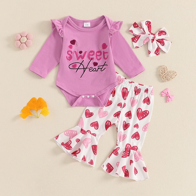 طفلة عيد الحب ملابس إلكتروني طباعة كم طويل رومبير القلب طباعة مضيئة السراويل عقال 3 قطع مجموعة الملابس