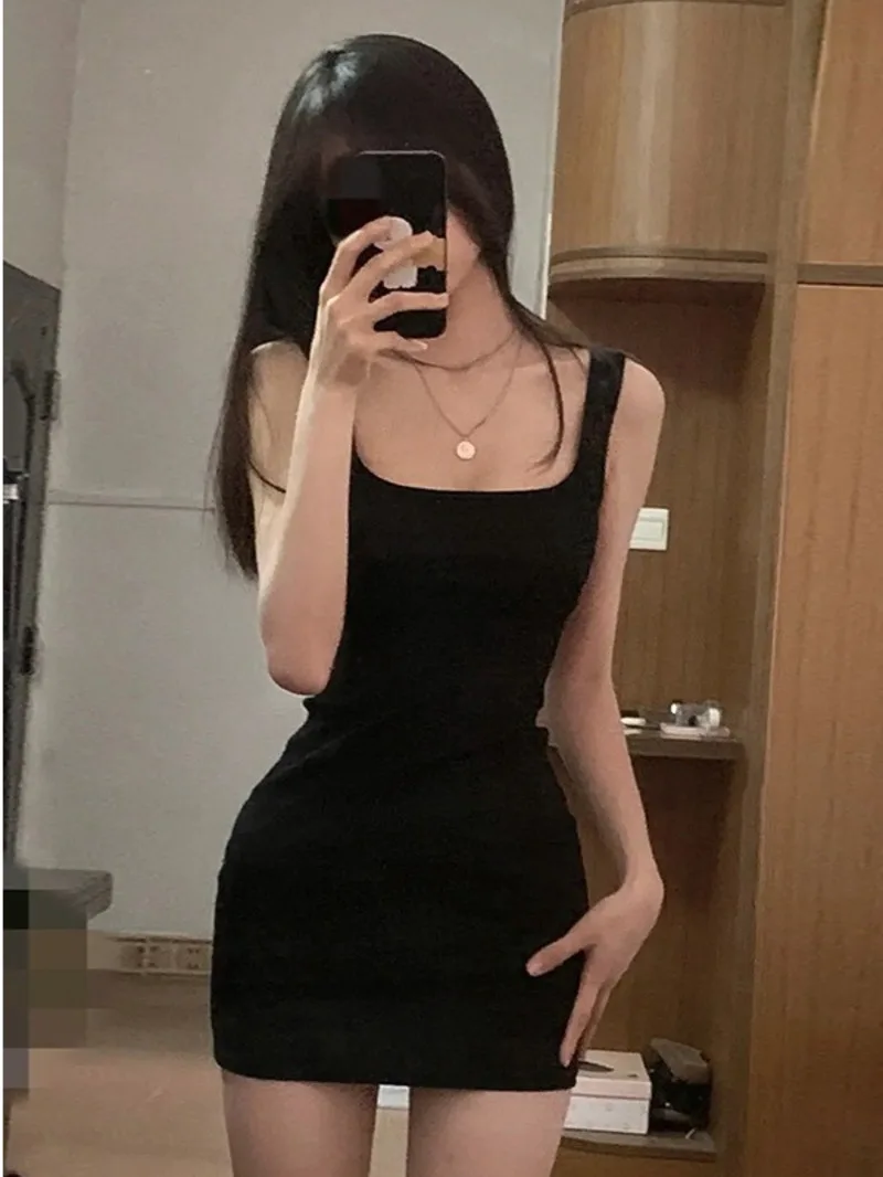 

Black square neckline wide shoulder strap suspender dress for women sweet and spicy summer girl small stature buttocks 5AE3