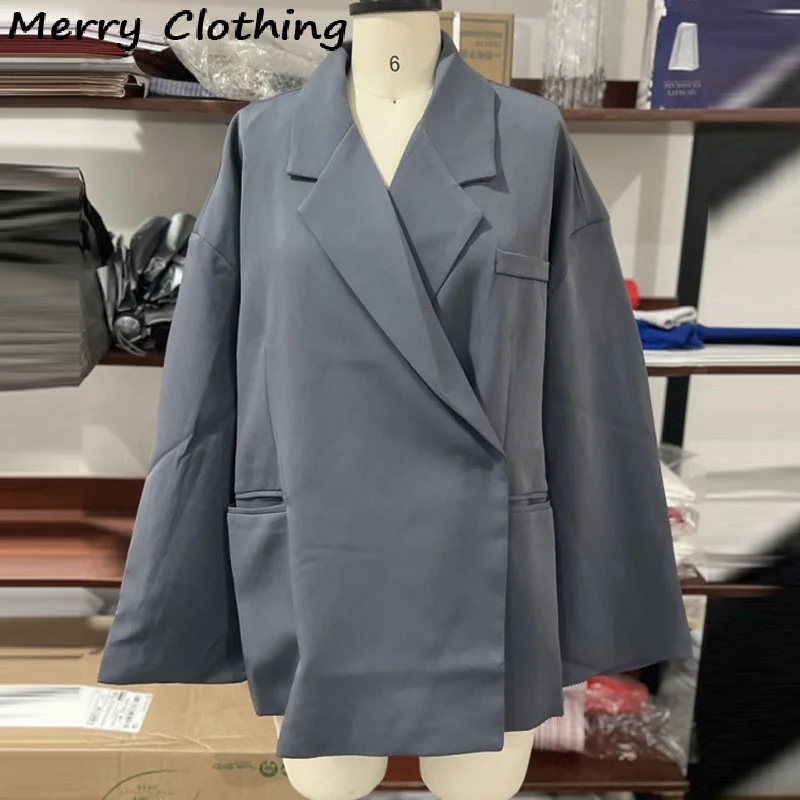 Side Split Blazer Women Oversize Solid Suits Coat Lapel Hidden Buckle Long Sleeve Jacket 2025 Autumn Lady High Street Outerwears