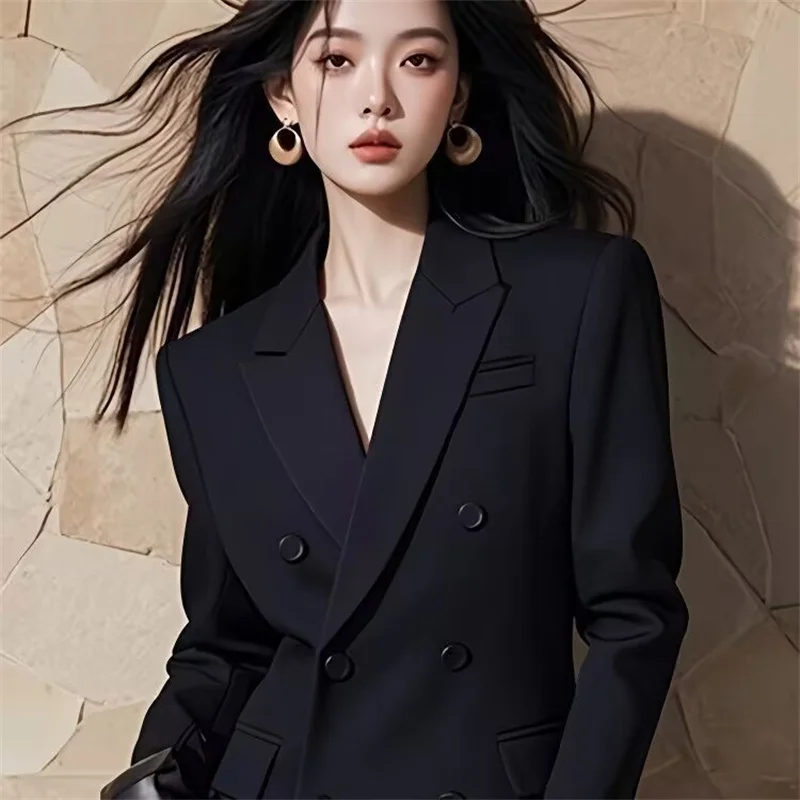 

2025 Spring Autumn High-end Black Suit Jacket Women Fashion Double-breasted Temperament Mid-Long Office Female Blazer Coat Tops