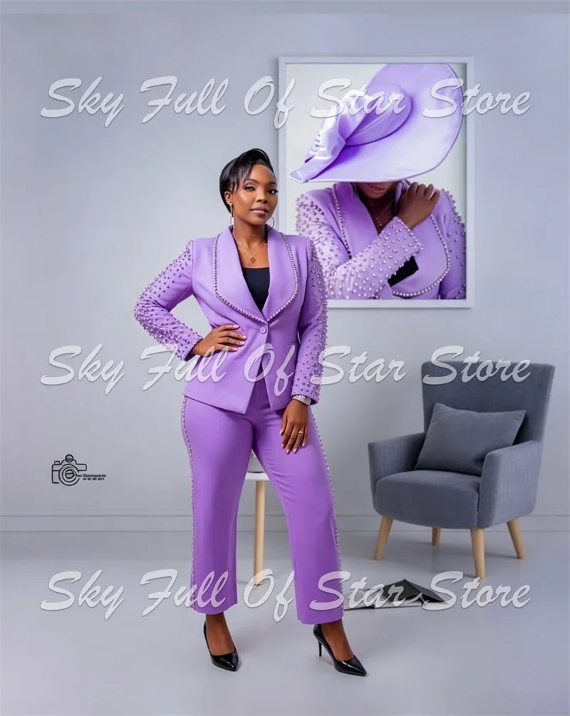 Elegant Pearl Rhinestone Women Suit Set 2 Pcs Purple Blazer Cropped Pants Formal Wedding Guest Evening Party Cocktail Lady Coat view 2