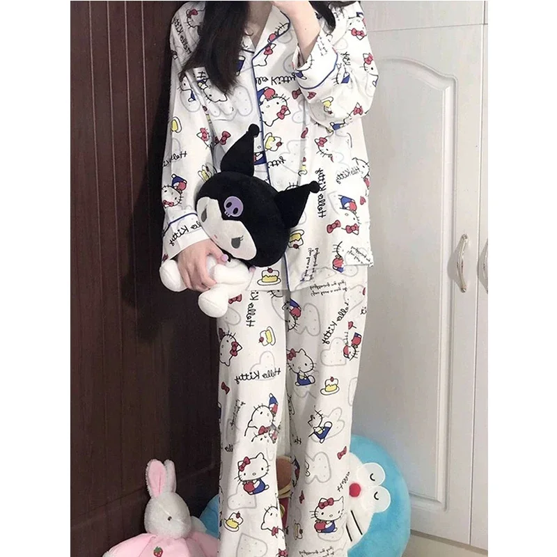 Hello Kitty Anime Kawaii Sanrio Ins Y2k Cotton Long Sleeve Pajamas Spring Cute KT Cat Print Home Shirt Pants Suit Gifts Toys