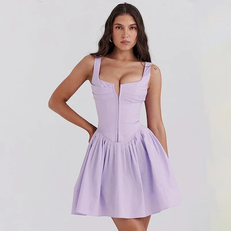 Deep-V Neck Pleated Wide Strap Women's Prom Dress Backless High Waist Party Gown Purple Sleeveless Evening Dress New Arrival