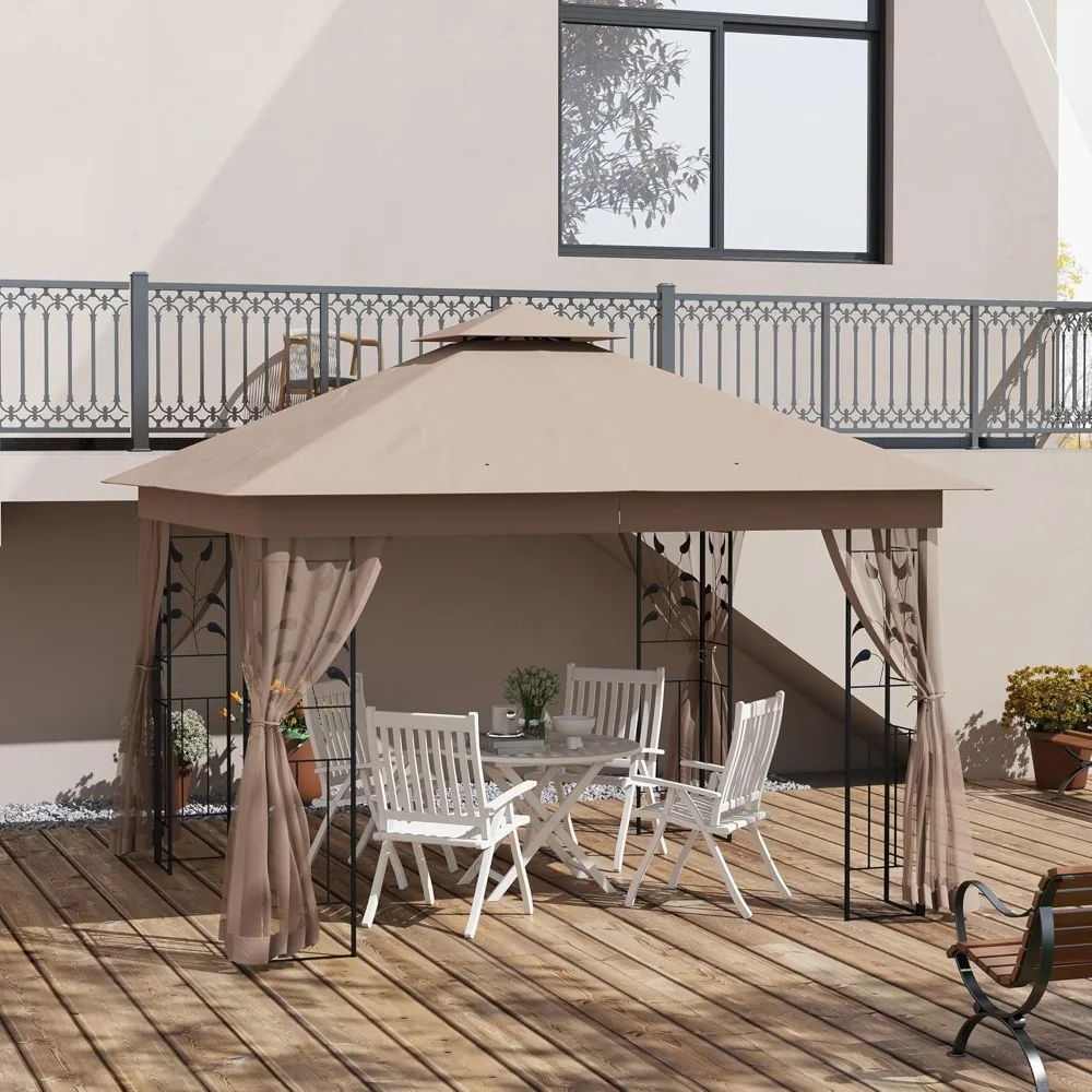 

10' x 11.5' Metal Patio Gazebo, Double Roof Outdoor Gazebo Canopy Shelter with Tree Motifs Corner Frame and Netting