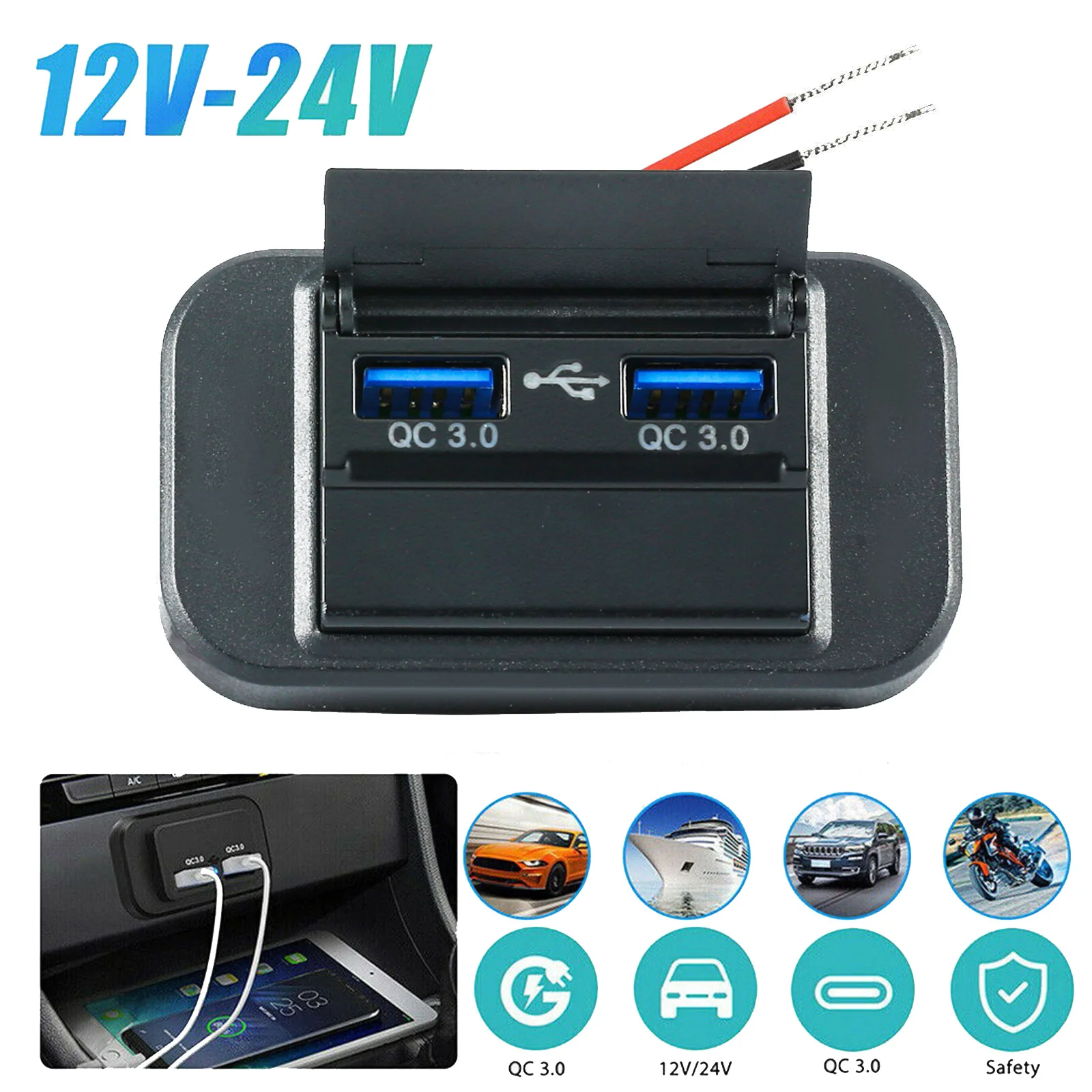 

12V/24V 55W Quick Charge PD Type C Dual USB Ports Car Bus Charger Socket Adapter Power Panel With Swith For Marine Motorcycles