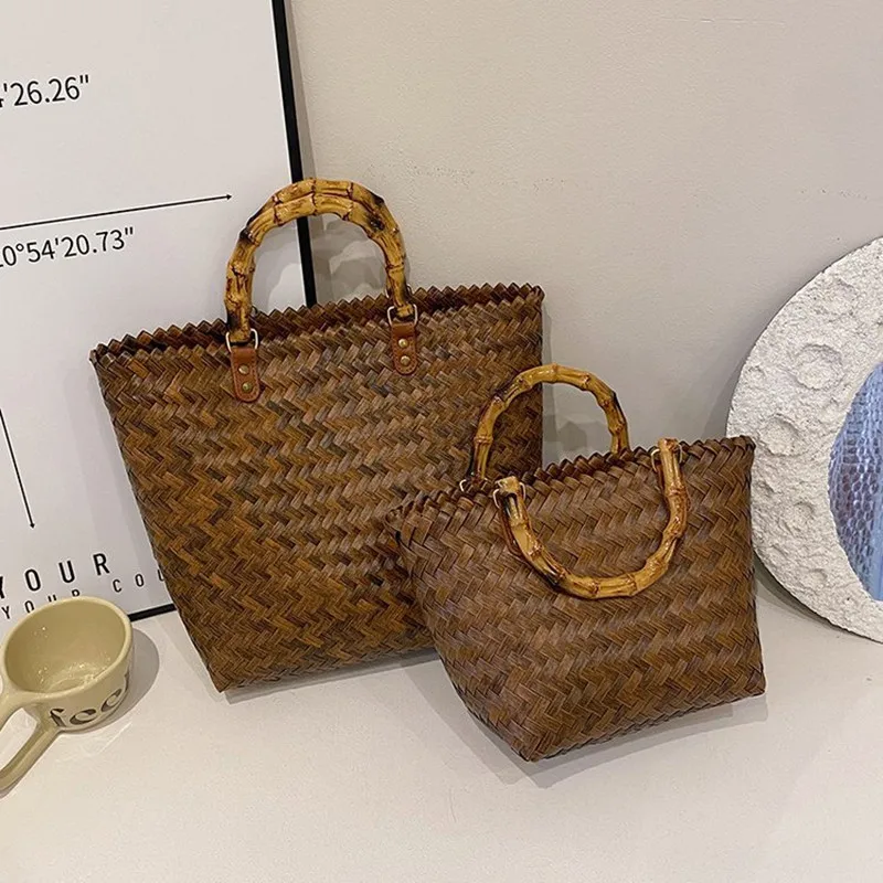 2023 New Trend Straw Retro Large-Capacity Vegetable Basket Woven Portable Tote Bag Hand-Held Beach Bag