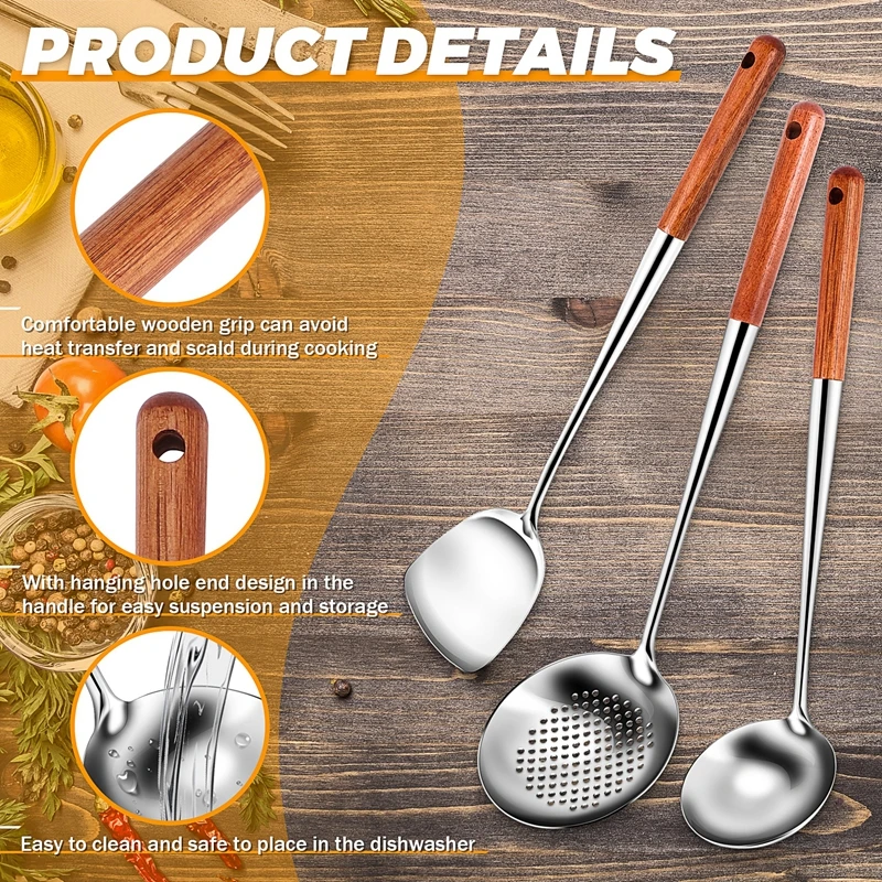 ABLU-Wok Spatula And Ladle,Skimmer Ladle Tool Set, 17Inches Spatula For Wok, 304 Stainless Steel Wok Spatula