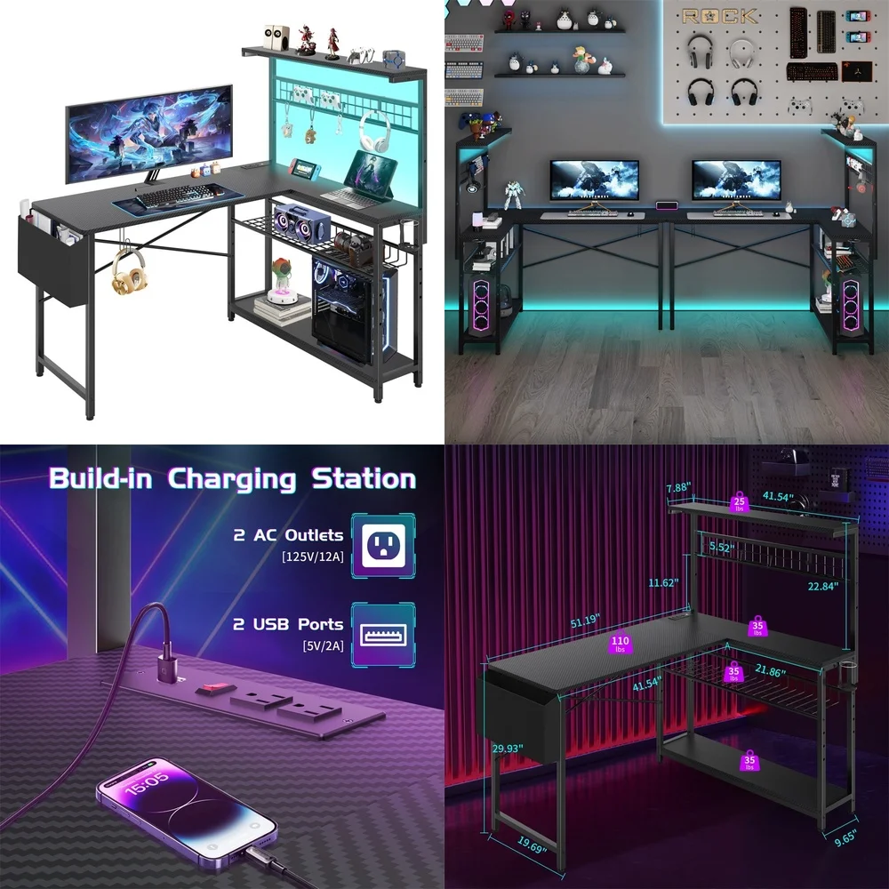 Computer desksL Shaped Gaming Desk 52 Inch Corner Computer Desk with LED Lights Power Outlets RGB Illumination Modern Design