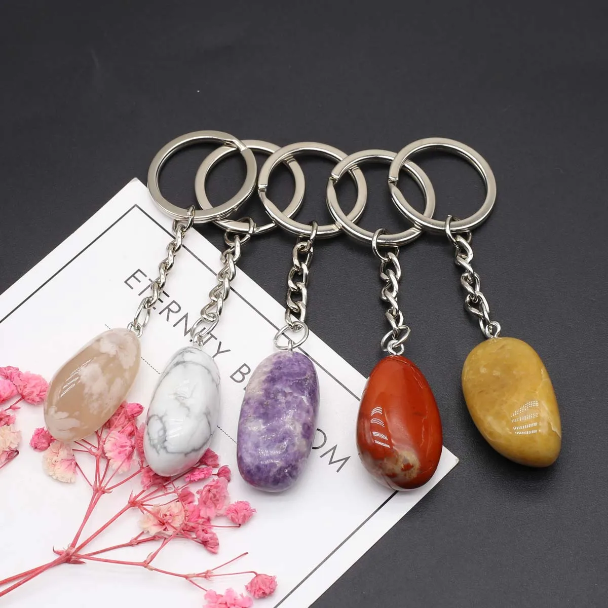 20 PCS Irregular Natural Stone Keychain Reiki Healing Crystal Opal Turquoise Pendants Charms DIY Jewelry Making Accessorie