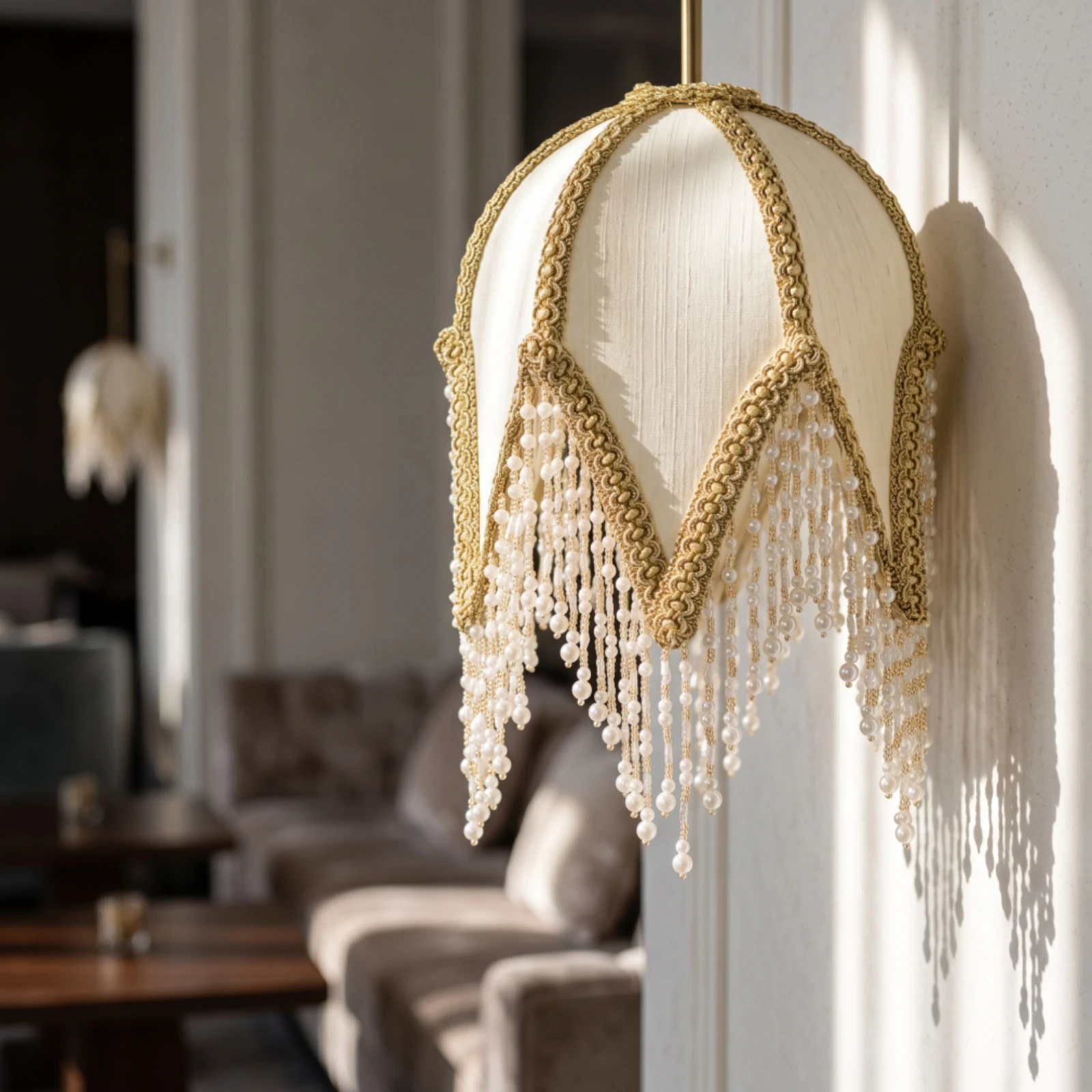 Lampshade Cover with Bead Fringe Beaded Replacement Lamp Shade Pointed Gold-Toned for Photo Styling, Tea Rooms