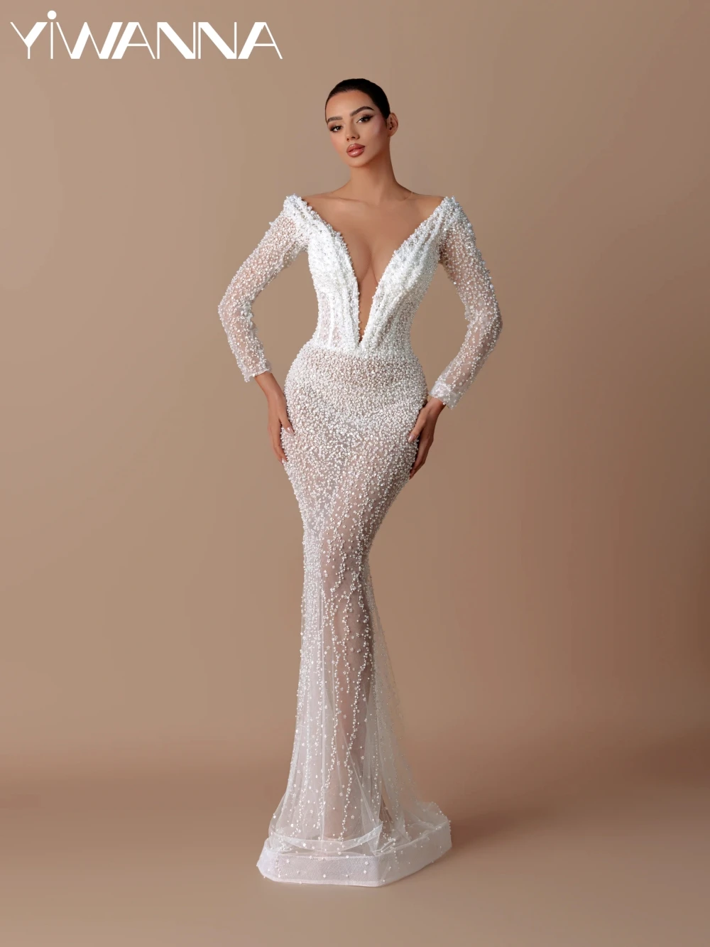 

2026 New Exquisite Pearls Mermaid Long Wedding Dress Dreamy Long Sleeved Bridal Gown Customized Illusion Dresses For Bride
