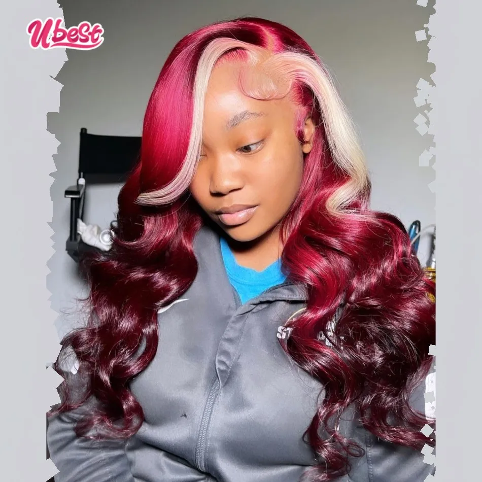 Burgundy 99j Red With 613 Blonde Stripe Lace Front Wig Pre Plucked 13x6 Lace Frontal Human Hair Highlight Wigs For Black Women