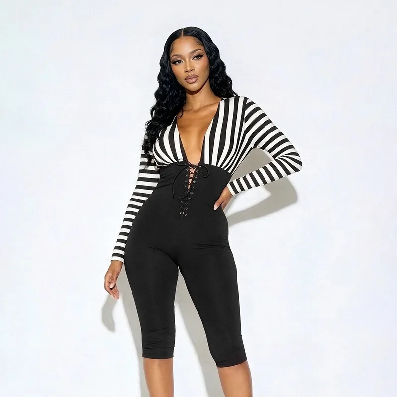 Striped Long Sleeve Jumpsuit, Deep V Neck Tie Waist Slimming Design Solid Casual Romper Street Outfit