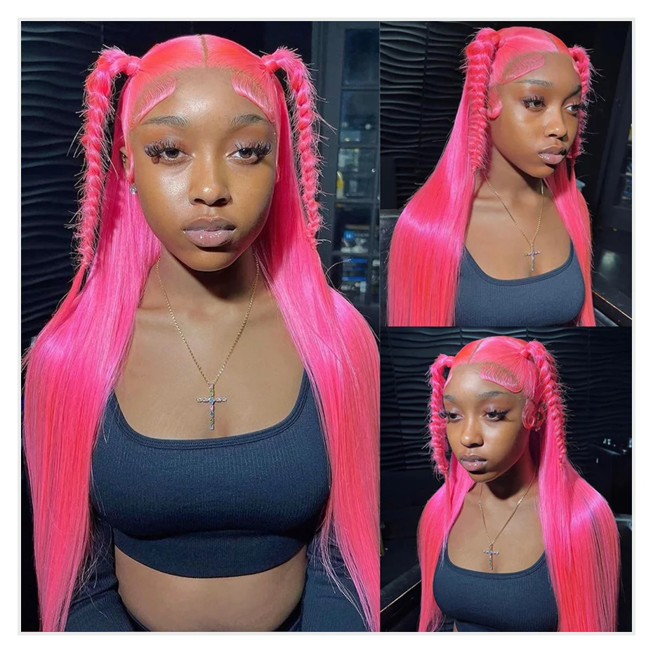 Hot Pink Wig Straight Human Hair Wig Brazilian Raw 13X6 Hd Lace Frontal Wig 613 Blonde Lace Front Wigs For Women 200 250 Density image 2