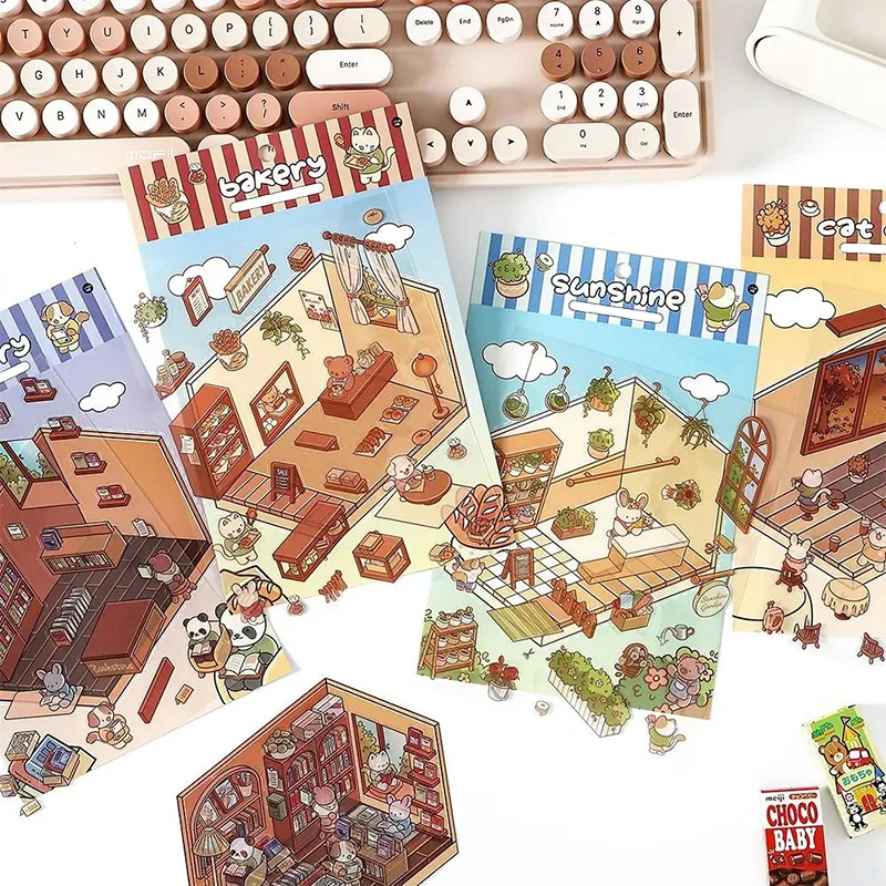 Tridimensional cabine cena adesivo, empilhamento e colar, bonito, DIY, conta de mão