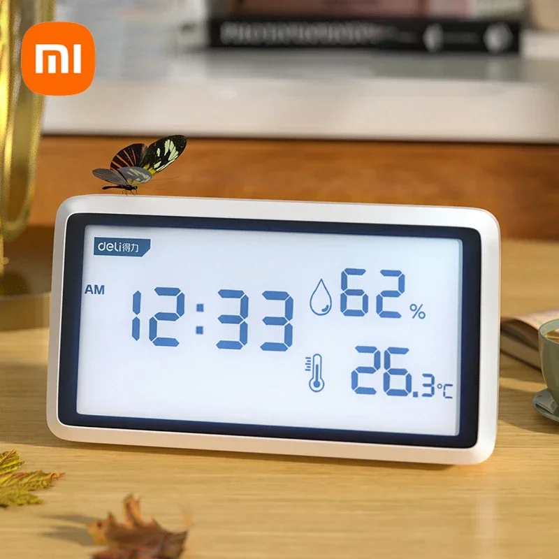 Xiaomi-deli Termômetro Eletrônico Higrômetro Estação Meteorológica Alta Precisão com Função de Relógio de Mesa Mini Display Digital Lcd