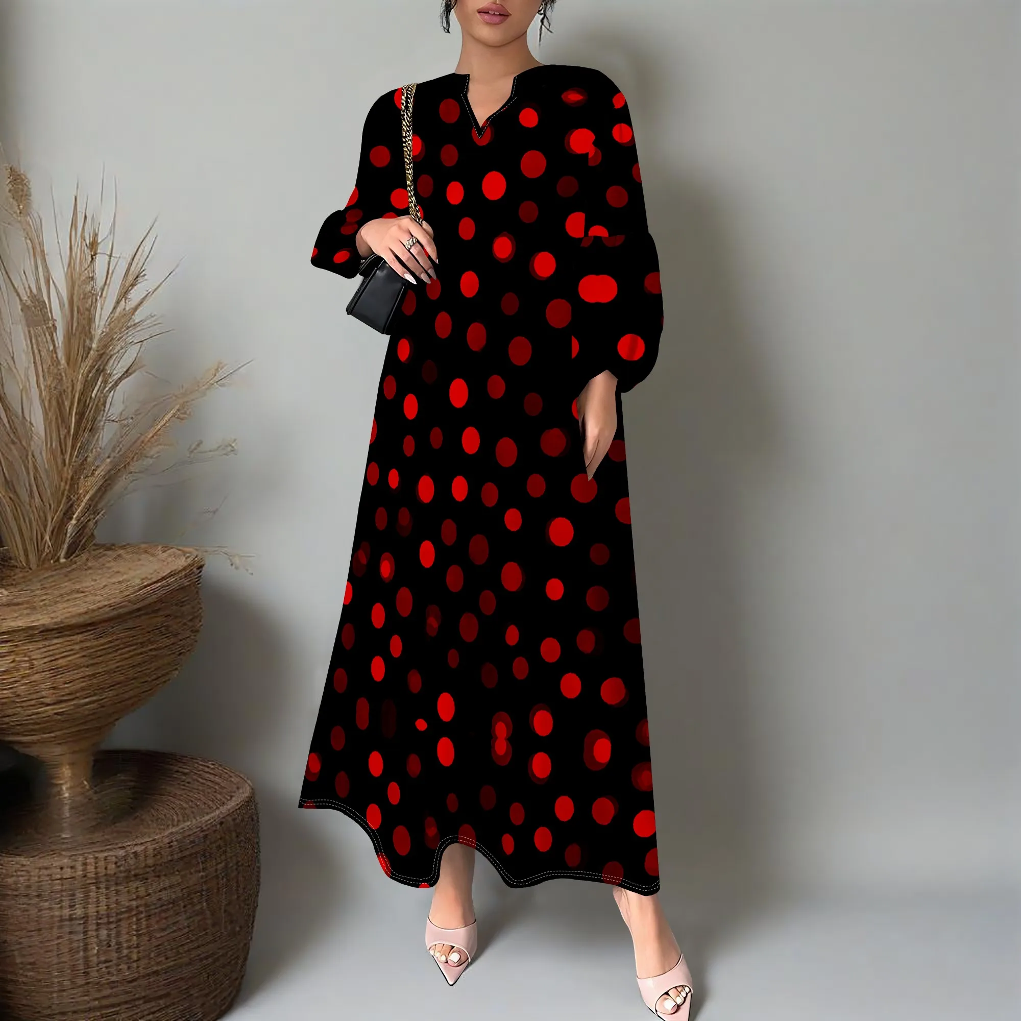 

Elegant Maxi Dress Women's V-Neck XS-3XL Red Polka Dot Print Christmas Party Holiday Evening Dress