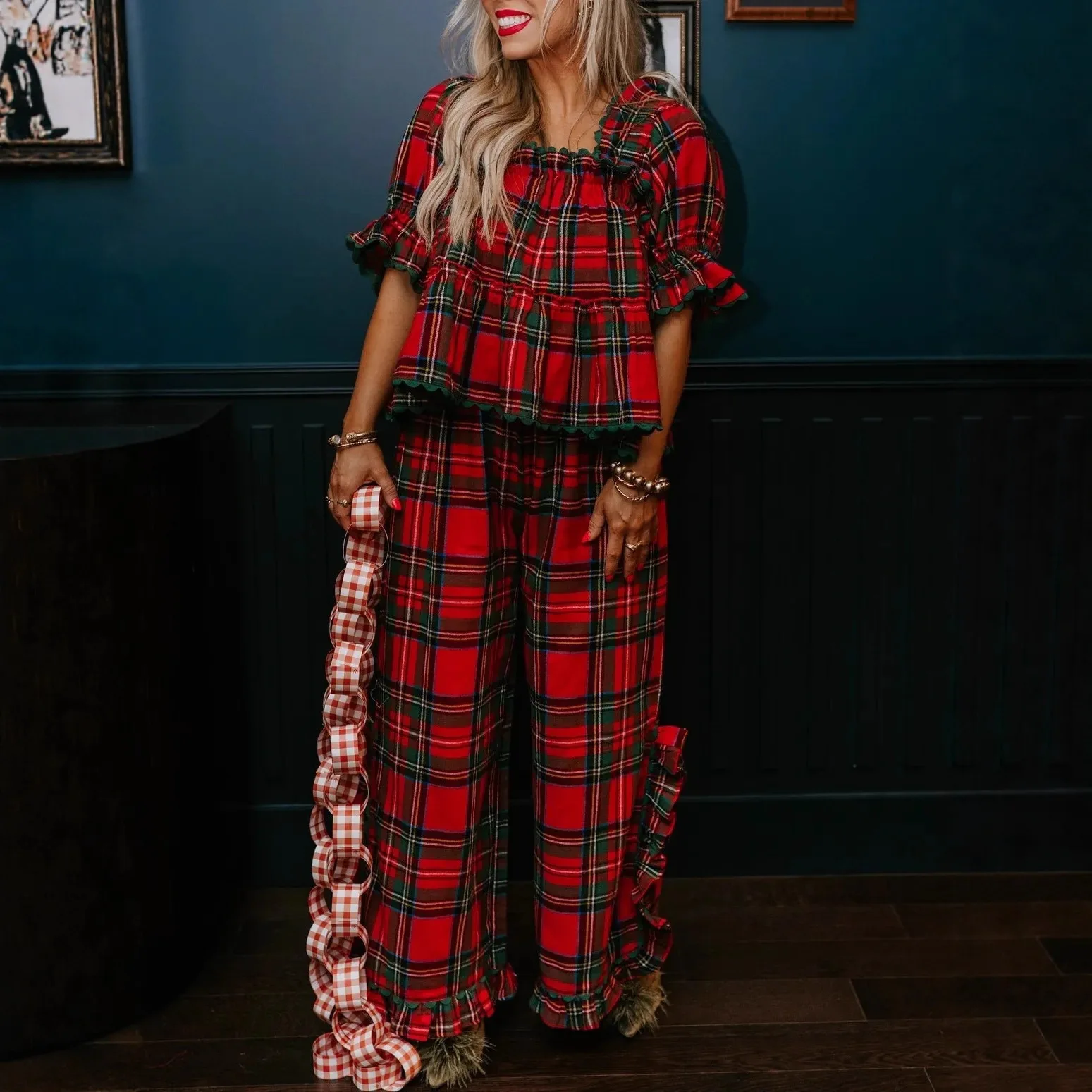 

Spring Summer Satin Strap Loungewear Set Women's Lantern Sleeve Pajamas Nightgown Sleepwear Matching Home Clothing Outfits