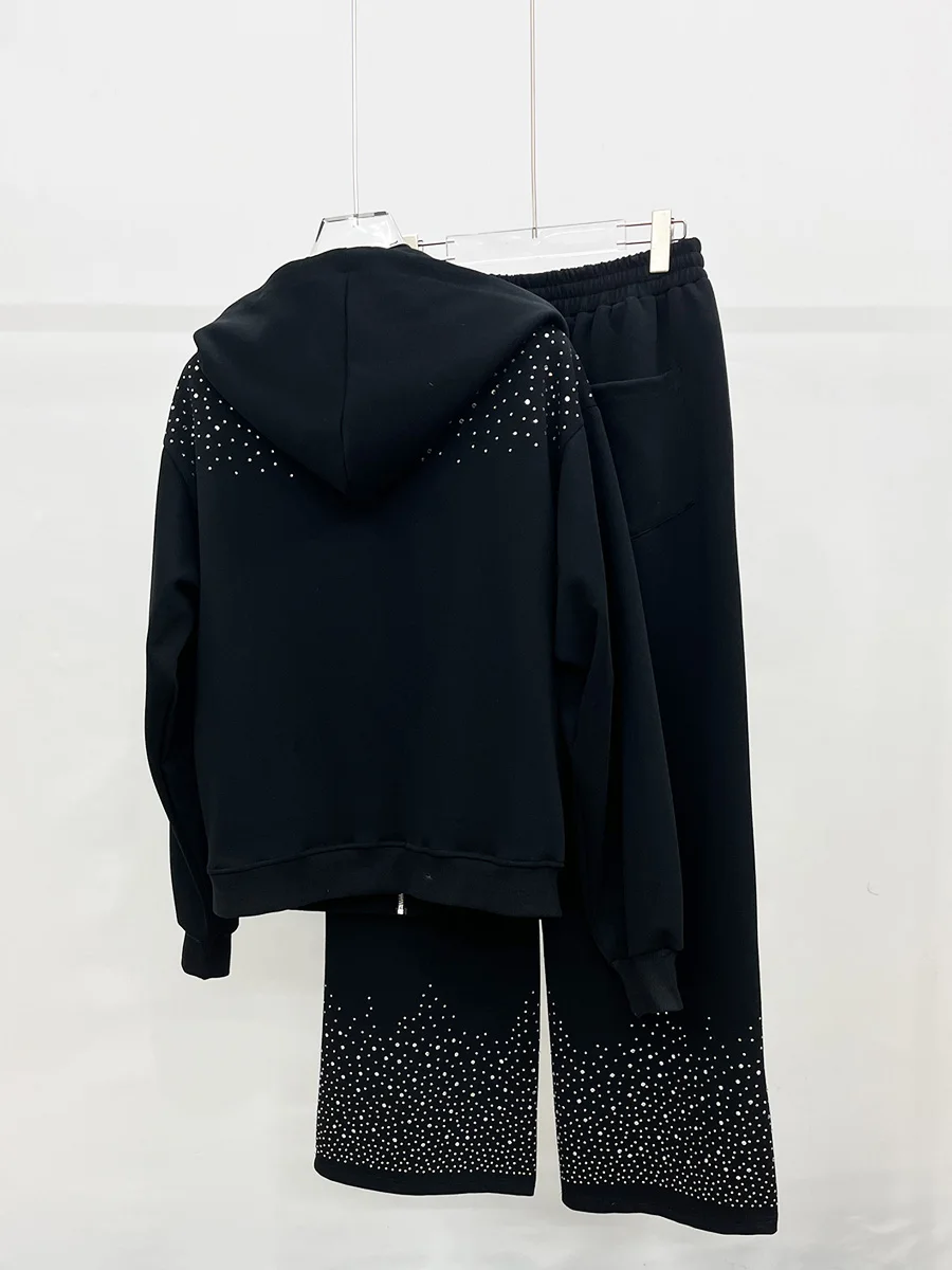 Elegante y atractivo negro, 2 uds., chaqueta con capucha de diamante caliente con personalidad 2025, pantalones rectos de pierna ancha, conjuntos versátiles de dos piezas