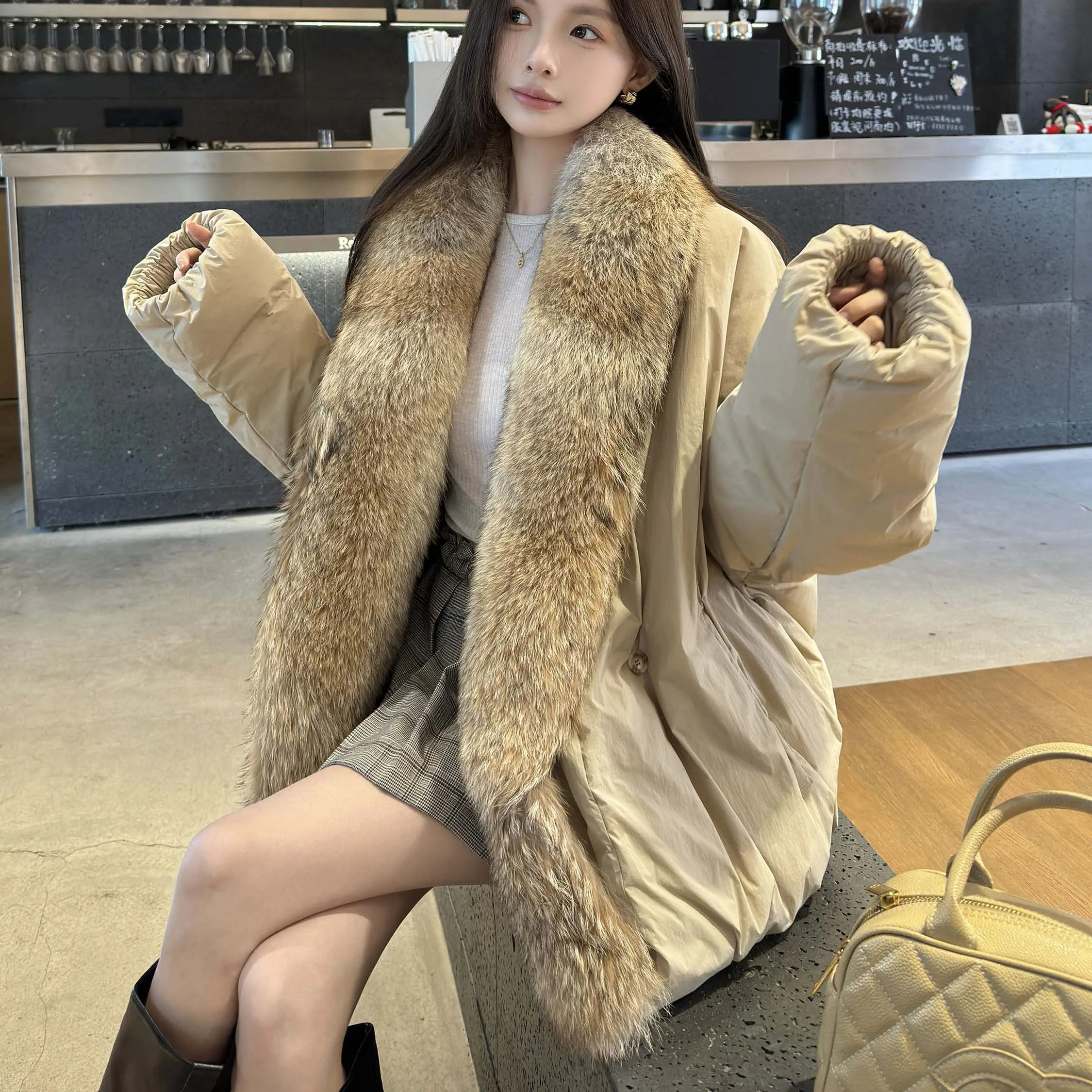 Prendas de vestir para mujer, chaquetas de plumas de ganso cálidas de invierno, cuello de piel de zorro Real Natural, chaquetas acolchadas para mujer, abrigos sueltos gruesos