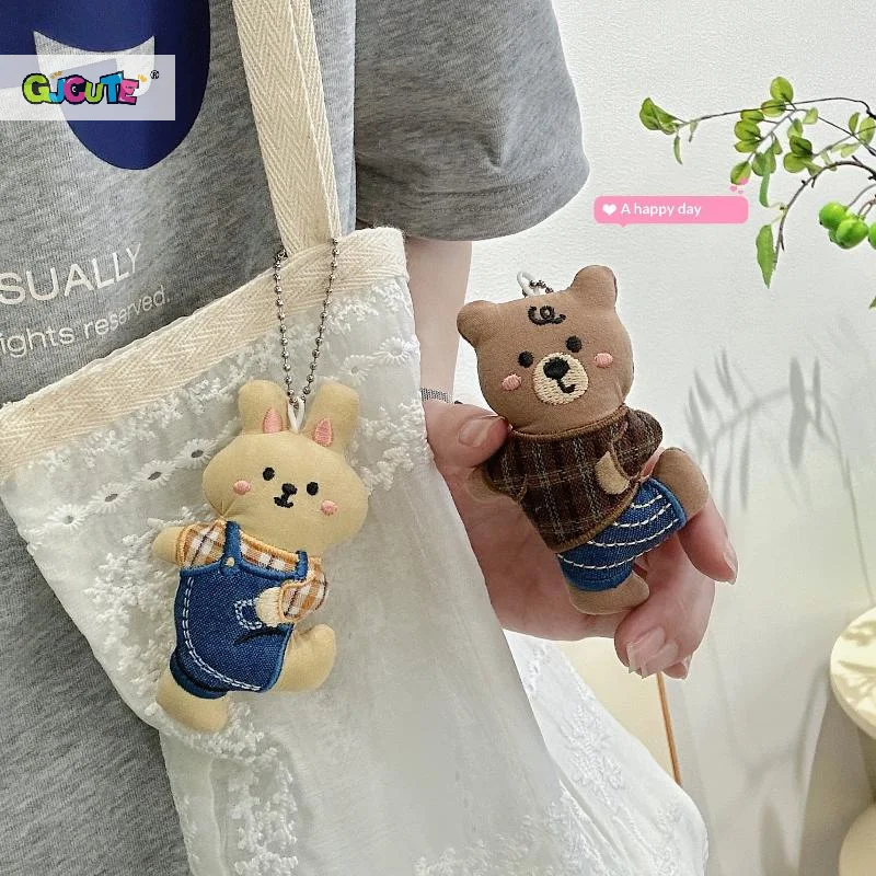 Ins Style Fabric Animal Doll Keychain Cute Bear Rabbit Dog Stuffed Doll Pendant Backpack Handbag Decoration Car Key Holder Gift