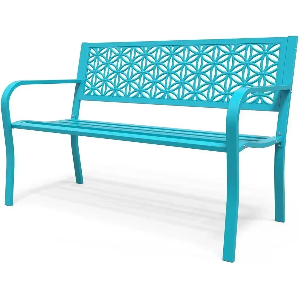 50 Outdoor Metal Bench with Floral Back, Garden, Porch, Patio, or Yard, 800lb Capacity - Blue