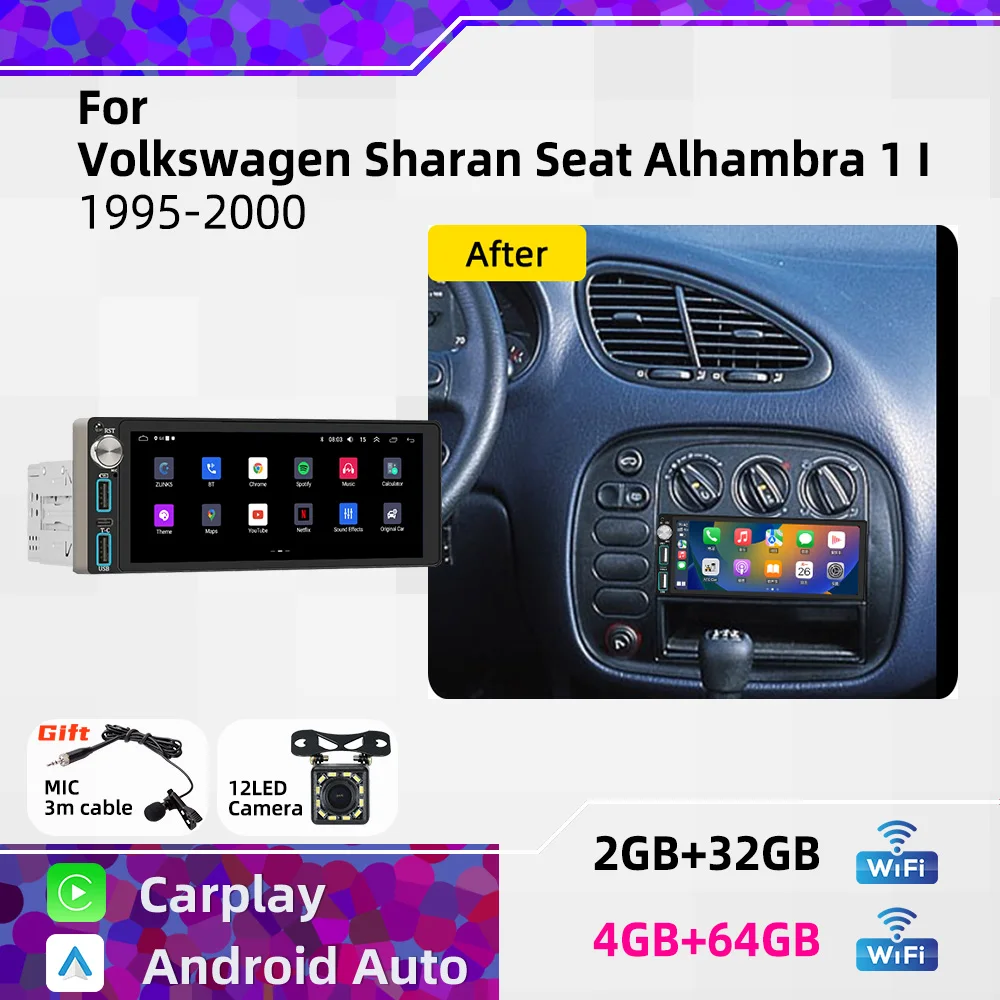 Android 1Din Car Stereo 6.86 Screen for VW Volkswagen Sharan Seat Alhambra 1 I 1995-2000 CarPlay GPS Multimedia Autoradio Radio