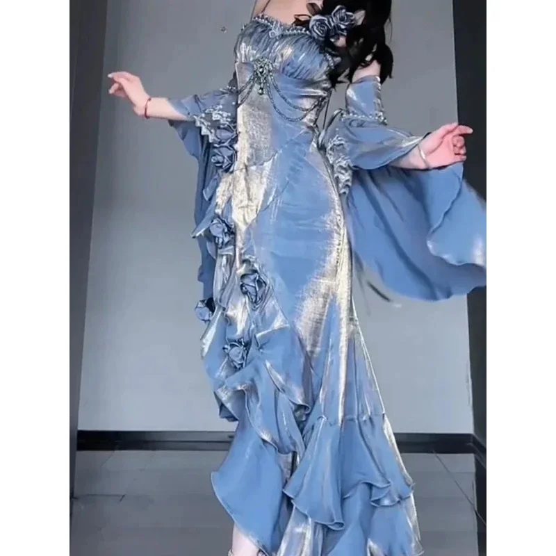 

Весенне-летнее платье «рыбий хвост» в стиле Лолиты, женское тонкое элегантное длинное платье с высокой талией, синее готическое платье с рукавами