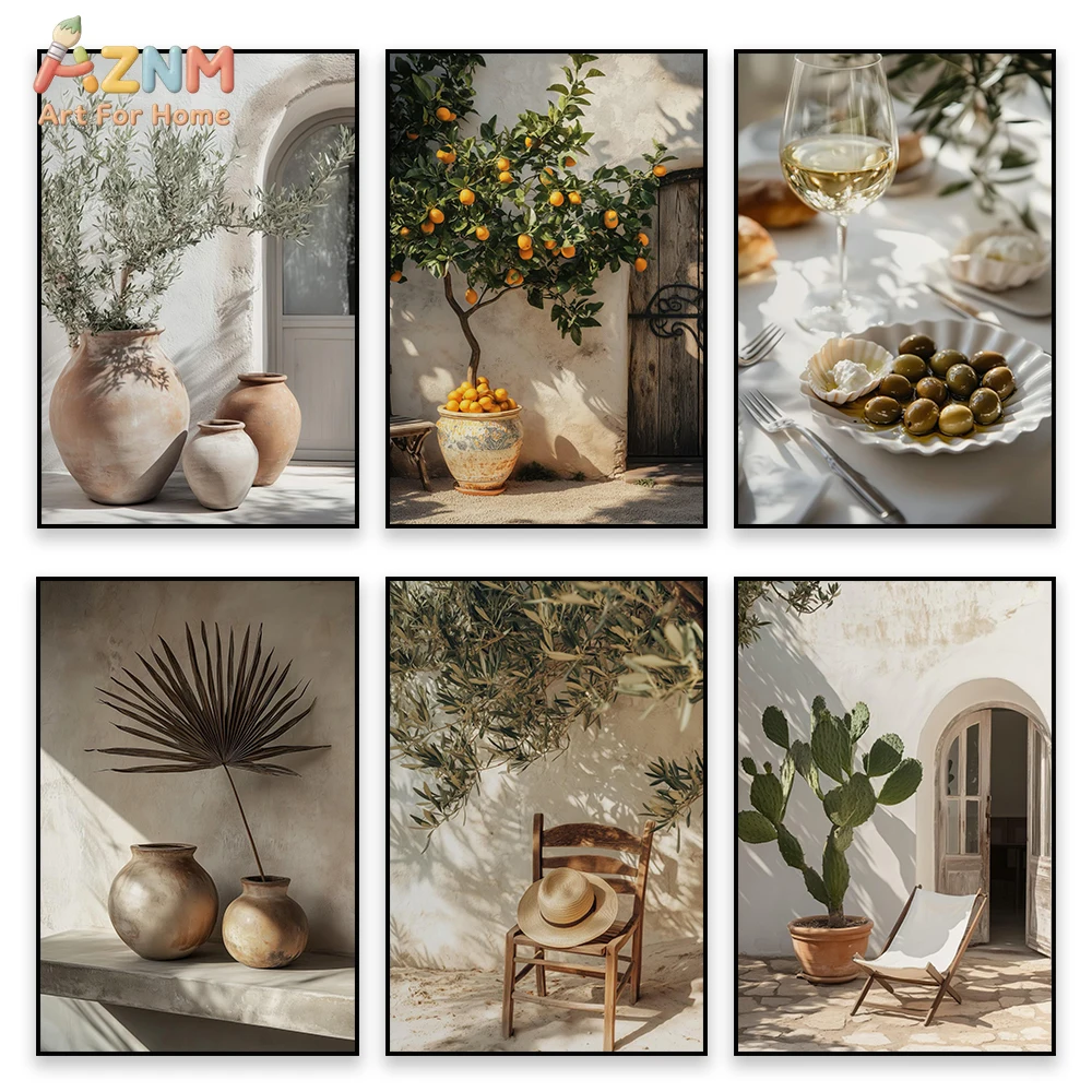 AZNM Mediterranean Citrus Olive Tree Canvas Wall Art Italian Villa Cactus Still Life Wine Kitchen Neutral Beige Aesthetic Unfram