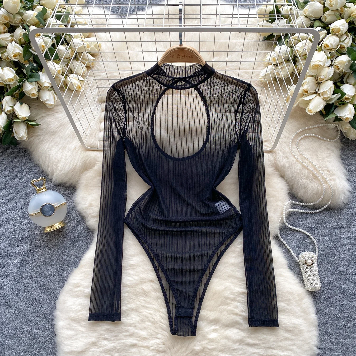 

Sexy Backless Mesh See Through Camis Bodysuit Fashion One Piece Basic Hotsweet Women Solid Gothic Slim Streetwear Jumpsuit Ins