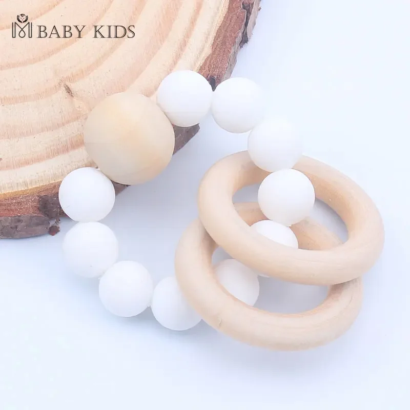 Baby Nursing Bracelets Teether Toys Silicone Beads Wooden Beech Ring Beads Teething Wood Rattles Fidget Toys Newborn Accessories