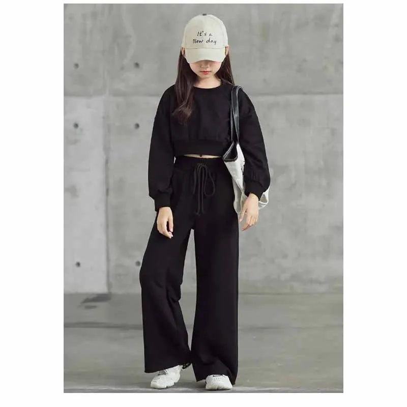 ZOETOPKID Mädchen Einfarbige Sets Kinder Langarm-Kurzpullover mit Hose 2-teilig Frühling Herbst Neue Kinder Mode Freizeitanzug – Detail 14