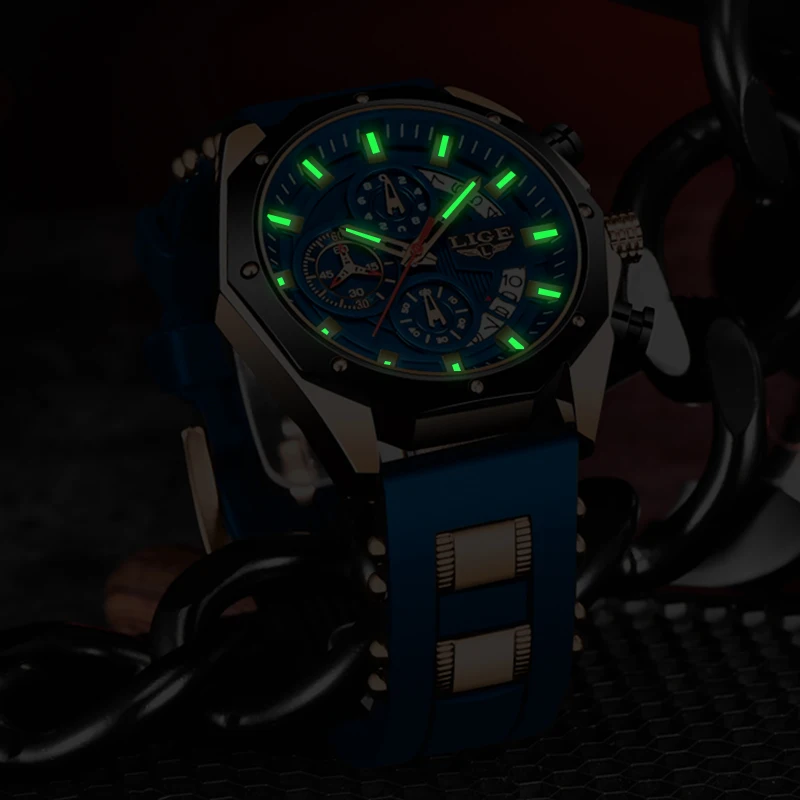 LIGE أزياء الرجال الساعات العلامة التجارية الفاخرة سيليكون الرياضة ووتش الرجال كوارتز تاريخ ساعة للماء ساعة اليد كرونوغراف ساعة رجل #4