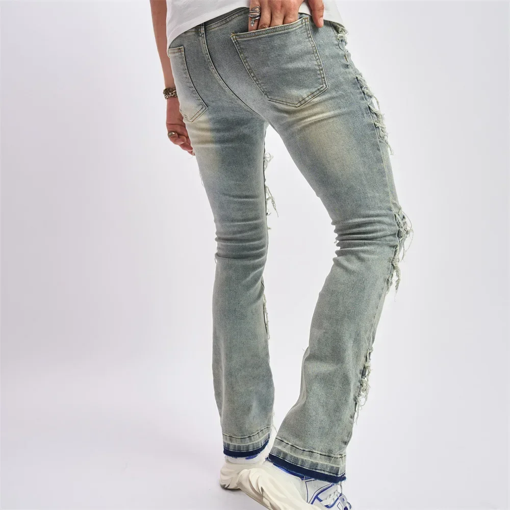 Wide jeansLeg Pants Ripped Spliced Men Jeans Vintage Ankle Length Distressed Denim Trouser Wash Solid Loose Pockets Punk Style