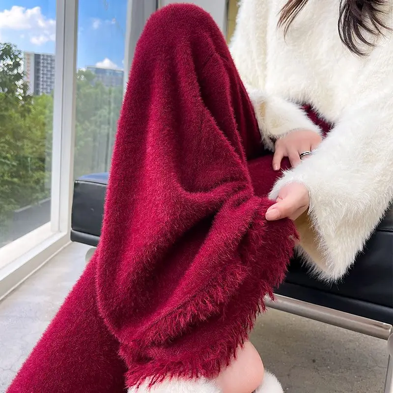 

Waxy Mink Velvet Pants Women Autumn Winter Thickened Knitted Wide-leg Pants Lazy Wind Loose Fringed Rough Edge Mopping Trousers
