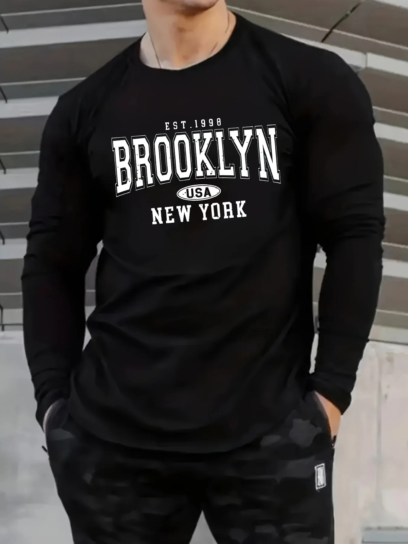 100 cotton men's long sleeved round neck loose classic Brooklyn letter pattern print autumn/winter casual versatile T-shirt top