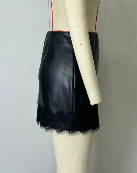 2026 ماتي عالية الخصر الورك المعانقة نصف الجسم تنورة جلدية بولي leather الجلود سستة تنورة قصيرة المرأة الدانتيل المرقعة نصف الجسم تنورة