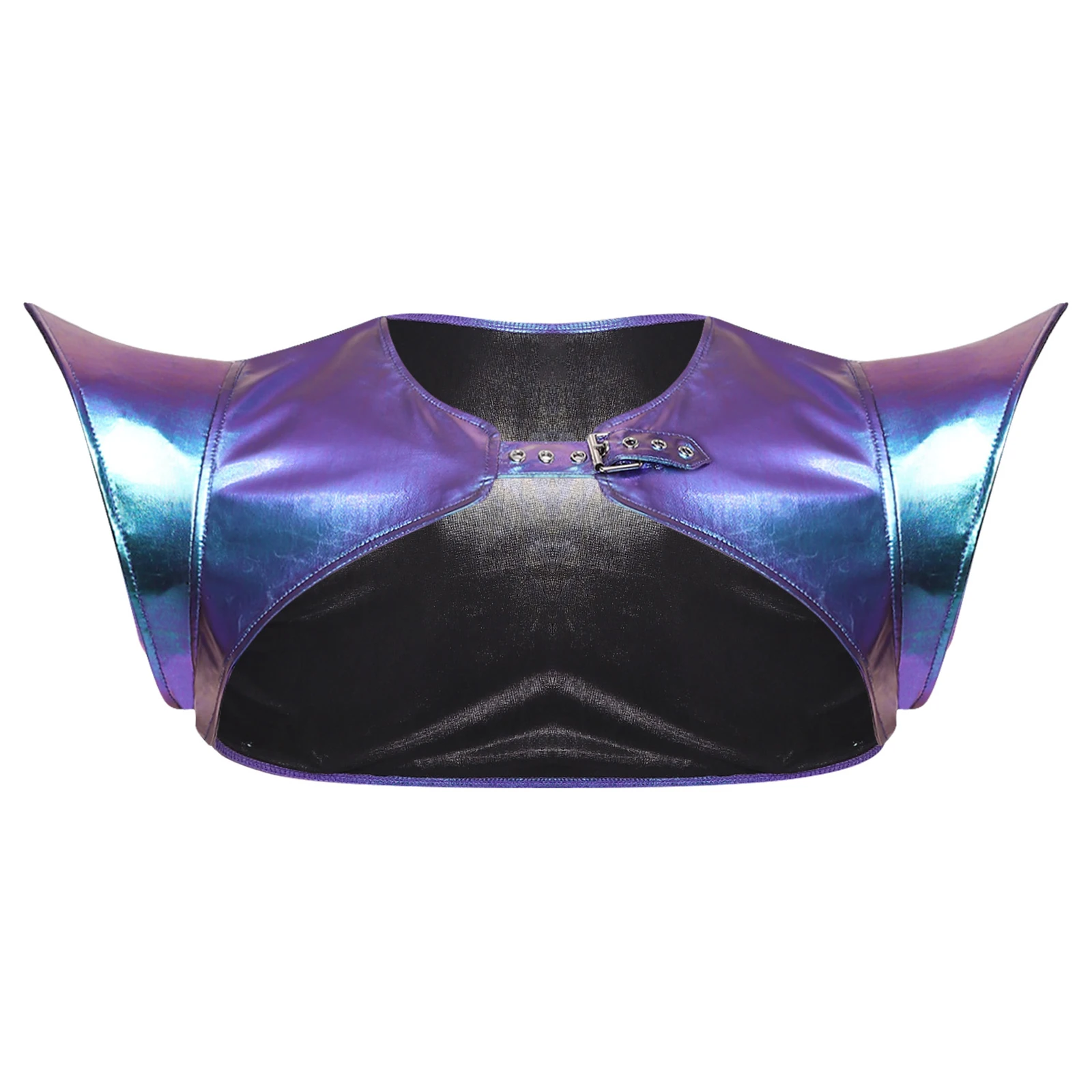 Mens Iridescent Shiny Shoulder Collar Armor Crop Tops with Adjustable Buckle Festival Rave Outfits Shoulder Shrugs Crop Top