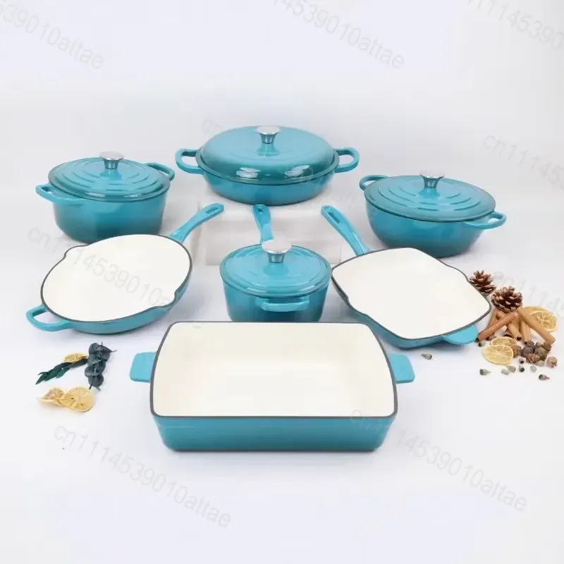 7Pcs Enamel Cast Iron Cookware Set Multi-functional Saucepan Frying Pan Seafood Pan Baking Pan Kitchen Pot Set
