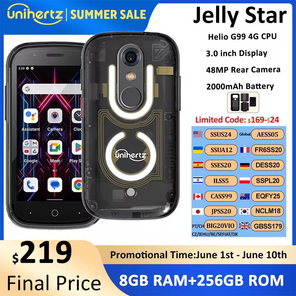 סמארטפון מיני Unihertz Jelly Star בנפח 8GB או 256GB עם תאורת LED, גב חשוף ושקוף לטלפון חילופי