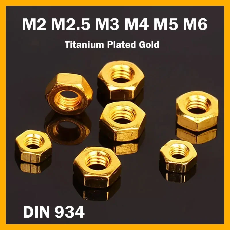 M2 M2.5 M3 M4 M5 M6 Gold Titanium Plated Hexagon Full Nuts Hex Lock Nut DIN 934 Metric