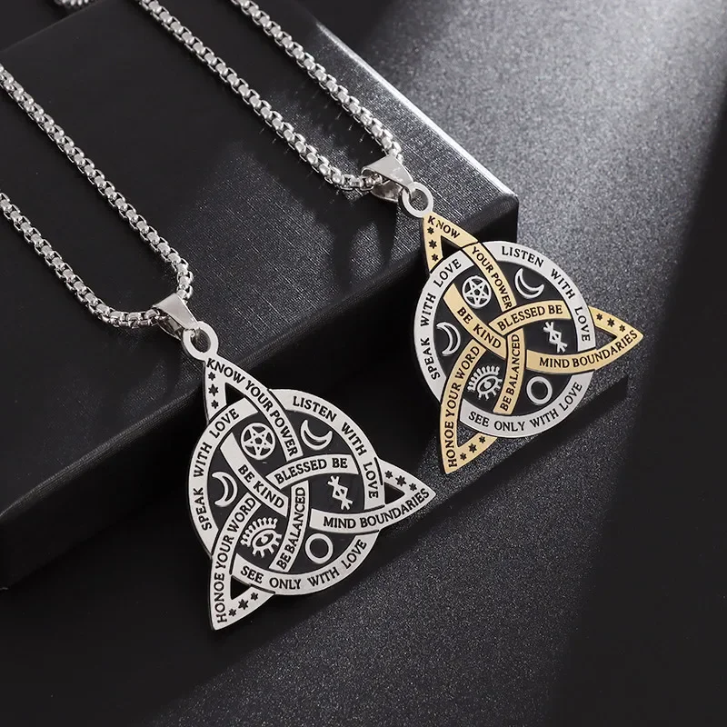 Irish Celtic Trinity Knot Stainless Steel Pendant Wiccan Witch Knot Moon Star Totem Necklace for Women Retro Lucky Jewelry